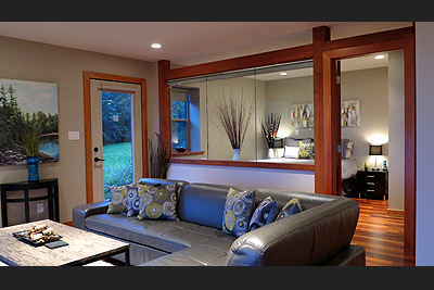 Oceanfront living area with leather sectional